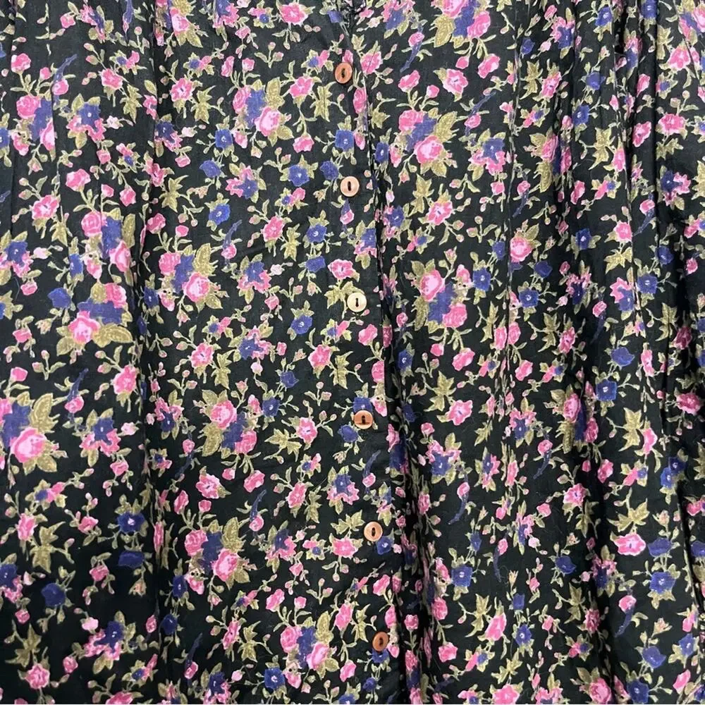 Free People Meant To Be Blouse Floral Puff Sleeve Top Black Purple Women’s S